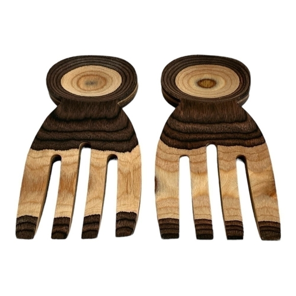 NWOT Set of 2 Salad Serving Hands Bamboo Wood Salad Grabbers Natural Salad Forks - Picture 2 of 4